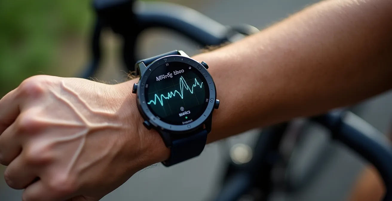 Nahaufnahme einer Sportuhr, die abstrakte Herzfrequenzdaten auf dem Display anzeigt