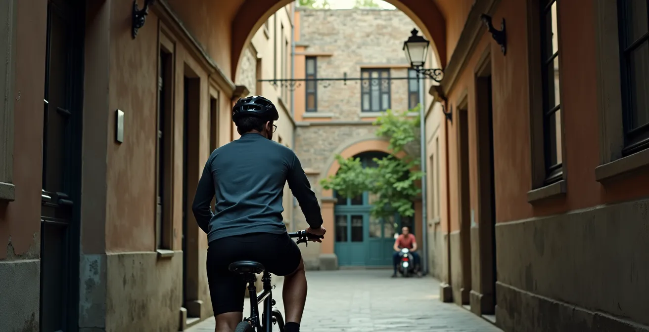 Radfahrer entdeckt eine versteckte, begrünte Ecke in einer deutschen Altstadt durch eine spontane Routenwahl.