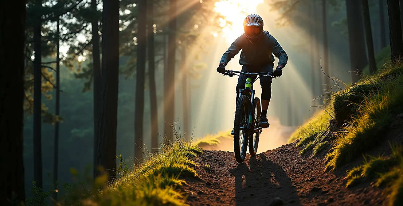 Mountainbiker demonstriert korrekte Zentralposition auf steilem Waldtrail